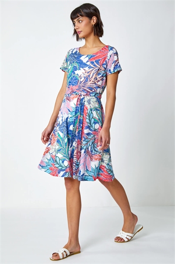 Multi Tropical Burnout Print Belted Dress