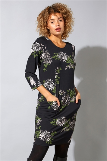 Black Floral Print Jersey Pocket Dress