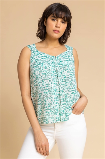 Green Ditsy Print Pleat Front Cami Top