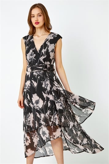 Black Embellished Floral Print Tiered Midi Dress