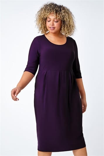 Purple Curve Pocket Detail Midi Stretch Dress