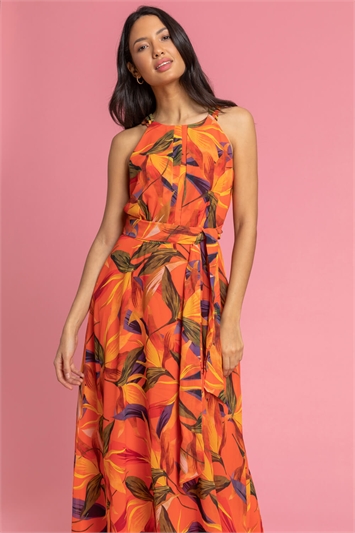 Orange Floral Print Tie Waist Maxi Dress
