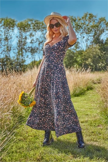Black Ditsy Floral Ruched Maxi Dress, Image 2 of 4