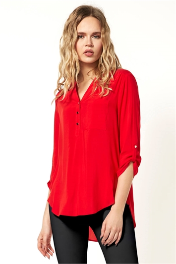 Red Notch Neck Button Front Tunic Top