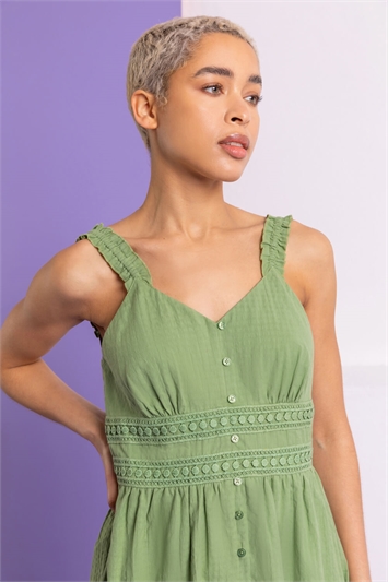 Pea Green Shirred Lace Detail Sundress, Image 4 of 6