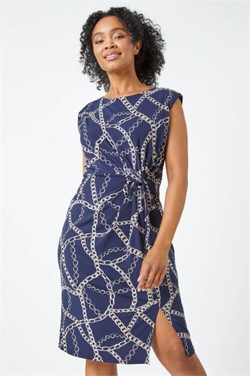 Blue Petite Chain Print Knot Detail Ruched Dress