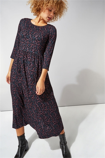 Ditsy Print 3/4 Sleeve Midi Dress