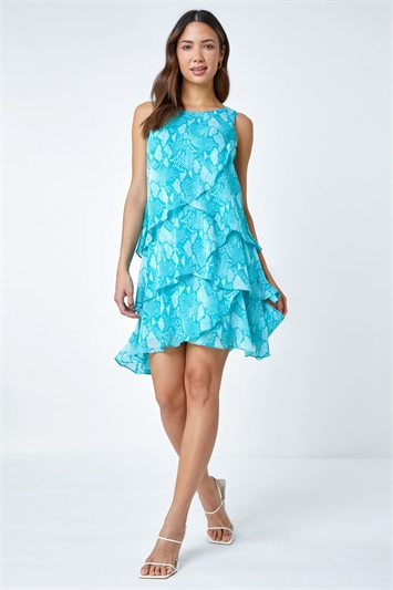 Blue Sleeveless Tiered Animal Print Dress