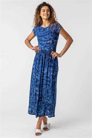 Blue Camo Print Jersey Maxi Dress