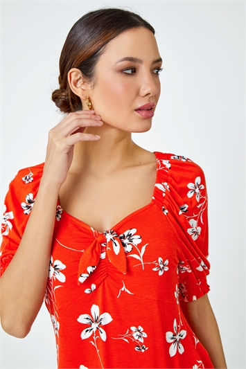 Red Floral Print V-Neck Tie Detail Jersey Top