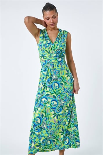 Green Abstract Paisley Print Stretch Maxi Dress