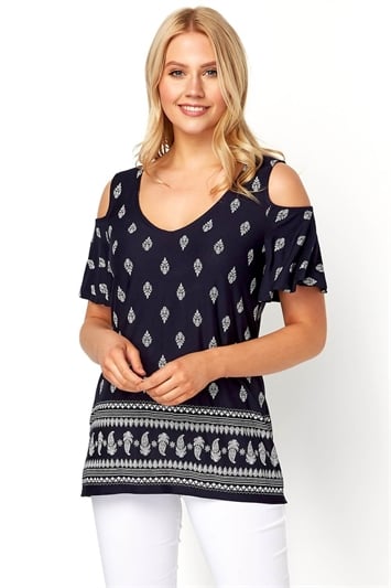 Navy Paisley Print Cold Shoulder Top, Image 1 of 4