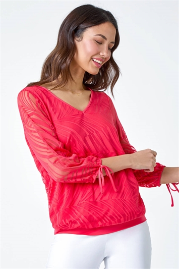 Red Burnout Tie Sleeve Overlay Top