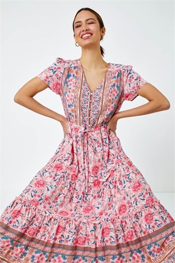 Pink Floral Print Shirred Waist Midi Dress