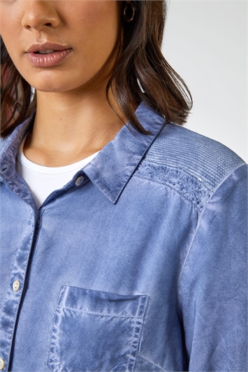 Denim Washed Button Through Sequin Shirt, Image 4 of 5