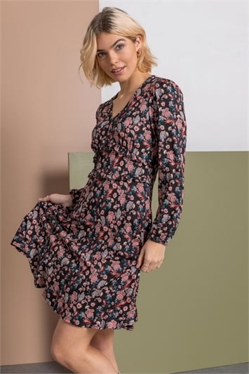 Black Paisley Print Frill Detail Dress