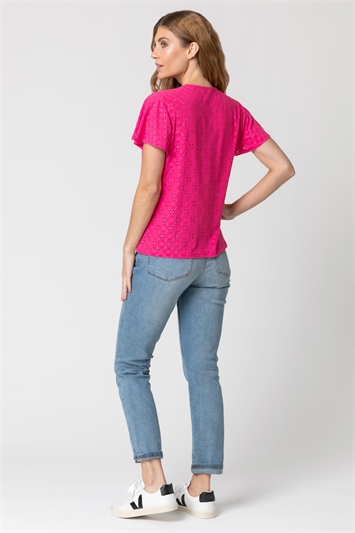 Fuchsia Broderie Stretch Jersey Tie Front Top, Image 2 of 4
