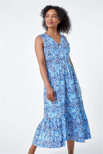 Blue Petite Aztec Print Tiered Midi Dress
