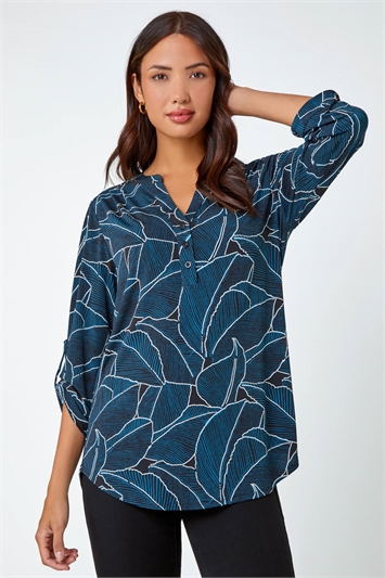Blue Textured Leaf Print Stretch Shirt