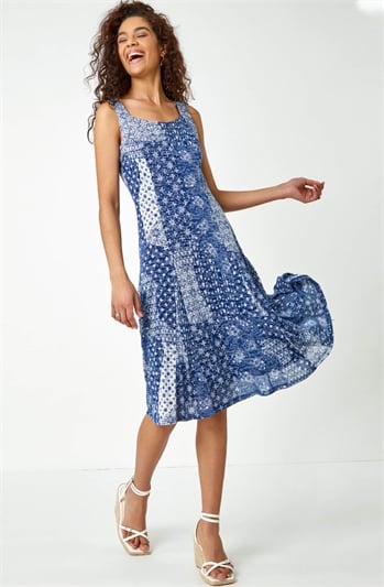 Blue Patchwork Print Fit And Flare Dress