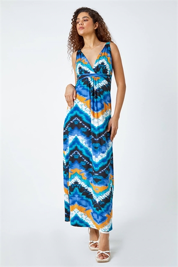 Blue Abstract Print Maxi Stretch Dress