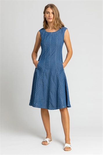 Denim Spot Print Top Stitch Skater Dress, Image 5 of 5