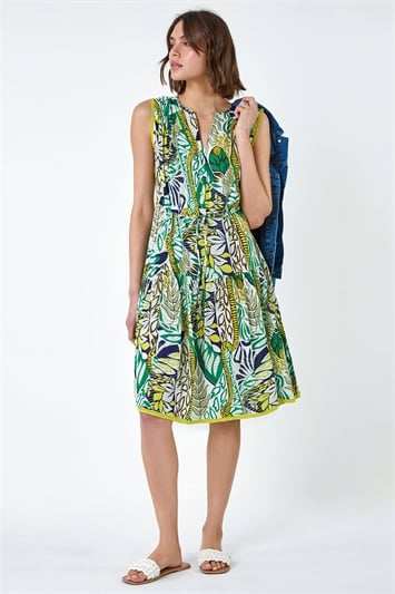 Green Leaf Print Tiered Woven Dress
