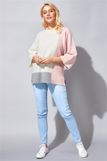 Pink Colour Block Ribbed Jumper, Image 2 of 4