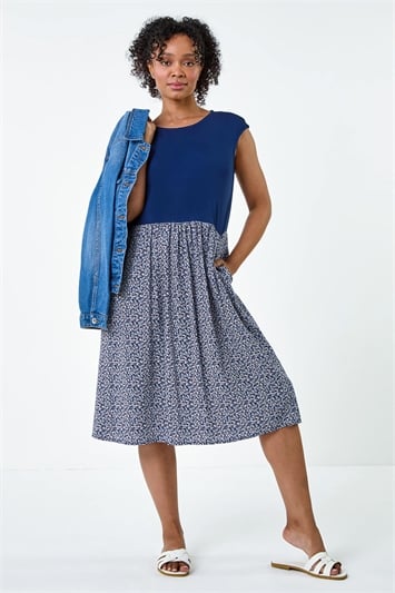 Blue Petite Paisley Contrast Skirt Pocket Dress