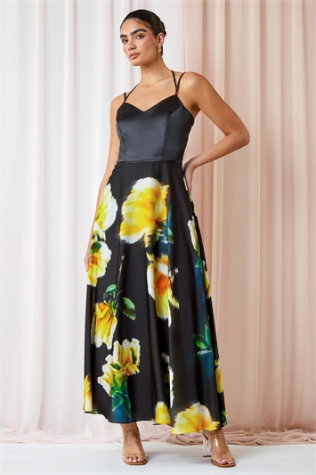 Black Luxe Floral Fit & Flare Maxi Dress