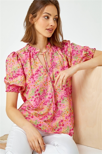 Pink Ditsy Floral Ruffle Neck Blouse