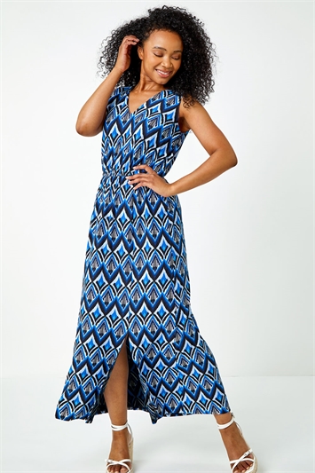 Blue Petite Aztec Print Shirred Maxi Dress