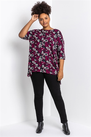 Maroon Curve Floral Print Tunic Top