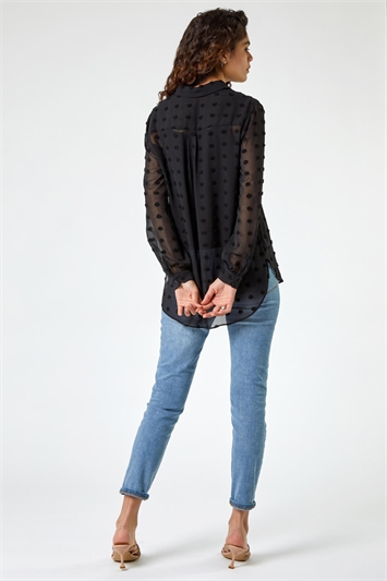 Black Textured Spot Button Up Blouse, Image 3 of 5