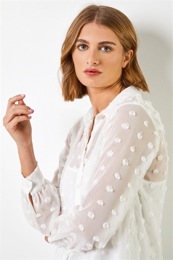 Ivory Textured Spot Button Up Blouse, Image 4 of 4