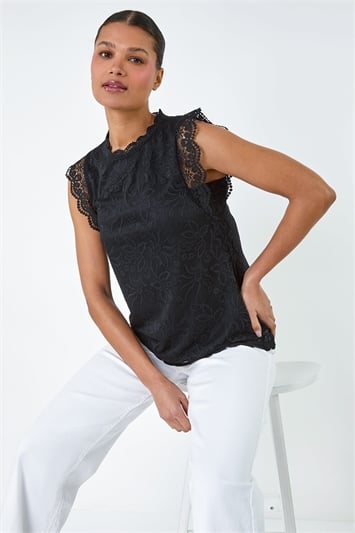 Black Lace Overlay Stretch Top