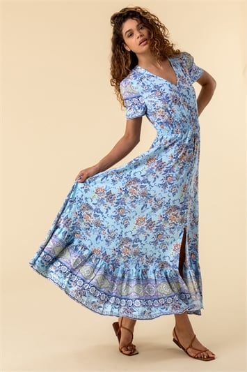 Blue Floral Print Shirred Waist Maxi Dress, Image 1 of 5