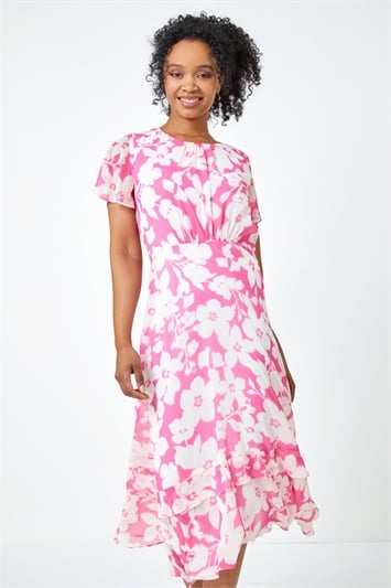 Pink Petite Frill Hem Floral Midi Dress