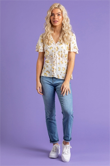 YELLOW Floral Print V-Neck Blouse, Image 2 of 5