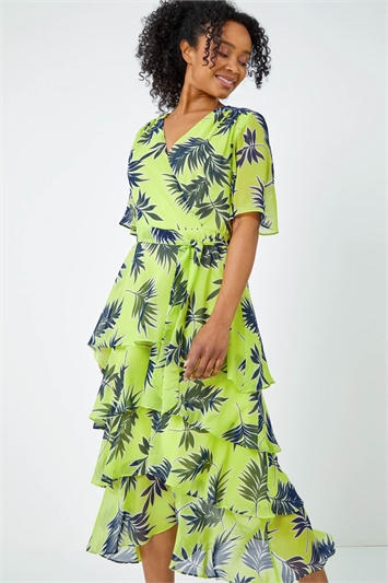 Multi Petite Tropical Print Tiered Midi Dress