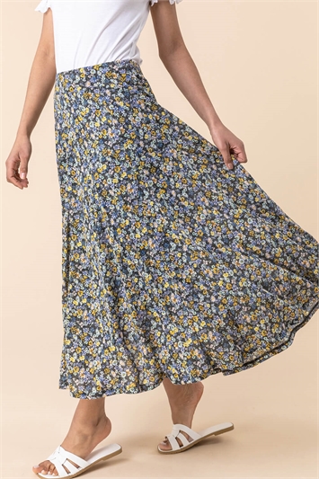 Blue Ditsy Floral Burnout Midi Skirt, Image 4 of 4