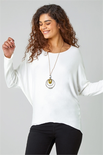 Cream Necklace Detail Stretch Knit Top