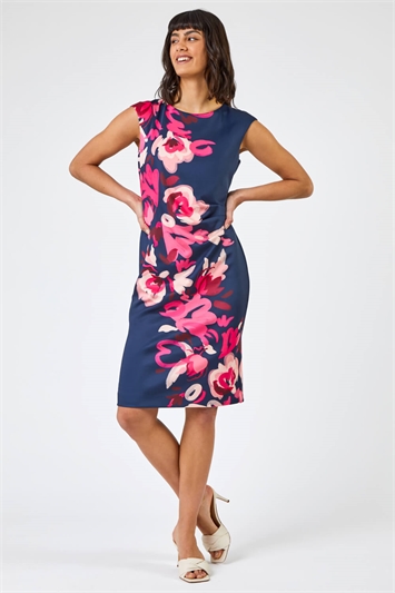 Navy Floral Print Fitted Premium Stretch Dress, Image 3 of 5