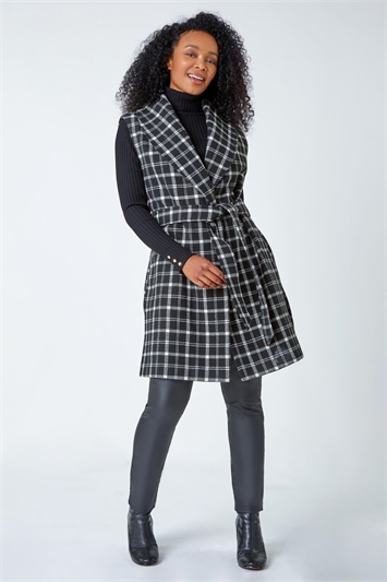 Black Petite Sleeveless Belted Check Coat