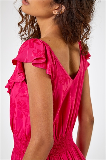 Pink Shirred Waist Ruffle Midi Dress, Image 5 of 5
