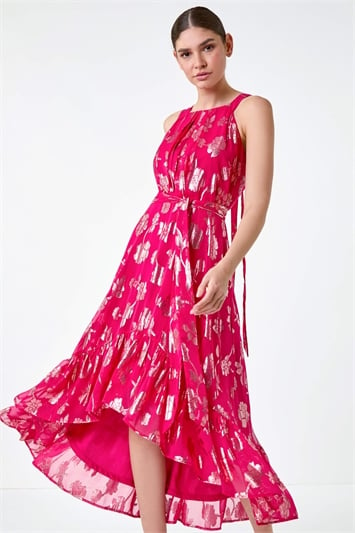 Pink Metallic Floral Halter Neck Midi Dress