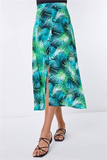 Green Tropical Leaf Button Detail Midi Skirt, Image 2 of 5