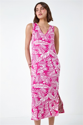 Pink Leaf Print Stretch Midi Dress