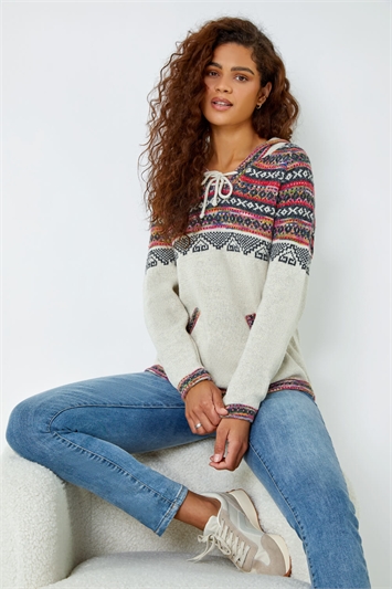 White Nordic Print Knitted Hooded Jumper