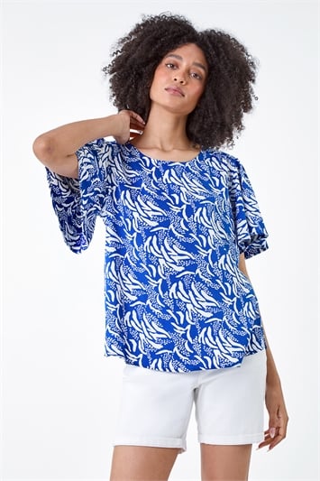 Blue Abstract Print Flared Sleeve Top